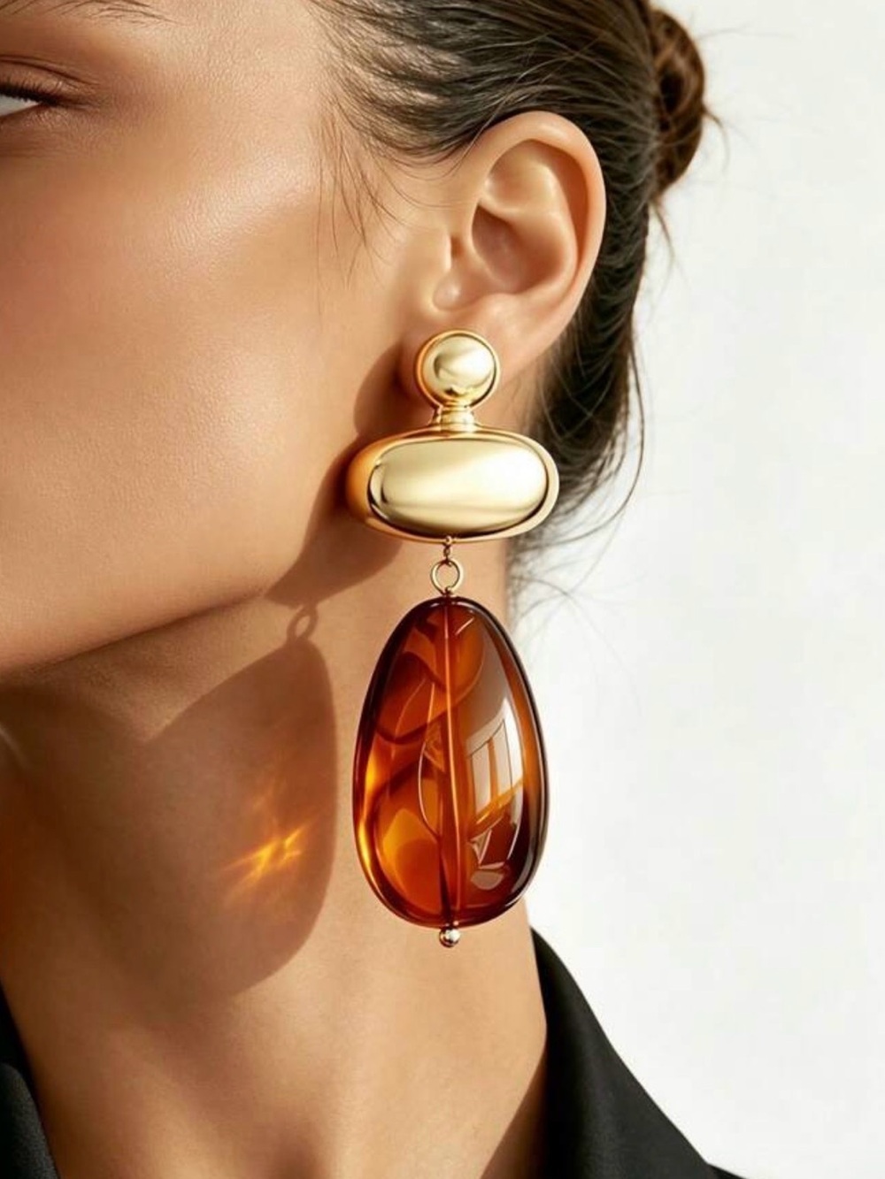 Gold Tone Amber Brown Oval Drop
Statement Earrings - Picture 2 of 4